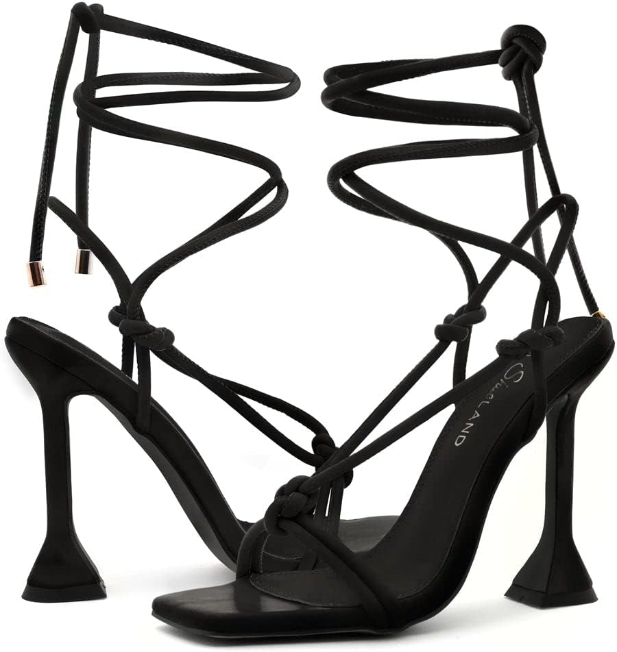 Sl-Melody Womens Lace up Heels Dressy Strappy Heels Square Open Toe Tie up Stiletto High Heeled Sandals Black White Gold Fuchsia Red Heels for Prom Party