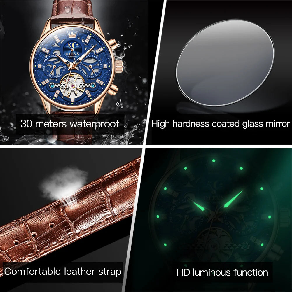 6658 Original Brand Automatic Watch for Men Hollow Out Noctiucent Skeleton Top Luxury Fashion Moon Phase Men'S Wristwatch