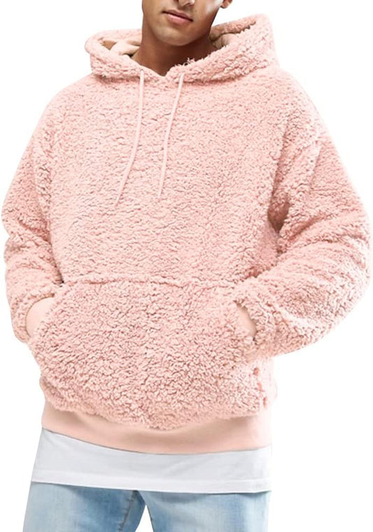 Mens Fuzzy Sherpa Pullover Hoodie Sweatshirts Long Sleeve Sport Front Pocket Military Fall Outwear Winter Hooded