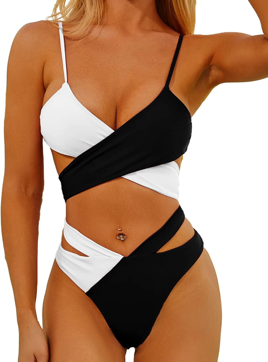 Women'S Sexy Swimsuit Two Piece Color Block Criss Cross Bikini Set Push up High Leg Bathing Suit Wrap Swimwear