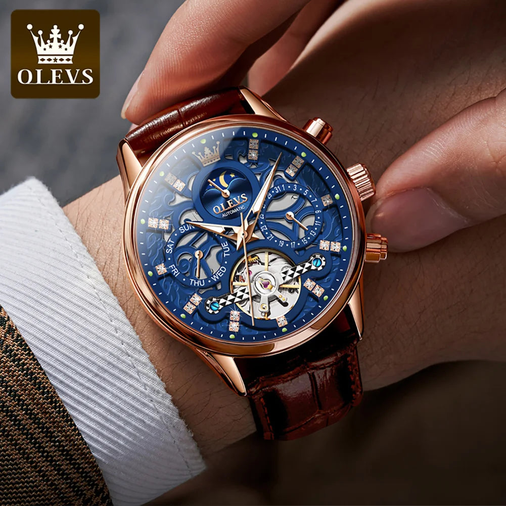 6658 Original Brand Automatic Watch for Men Hollow Out Noctiucent Skeleton Top Luxury Fashion Moon Phase Men'S Wristwatch