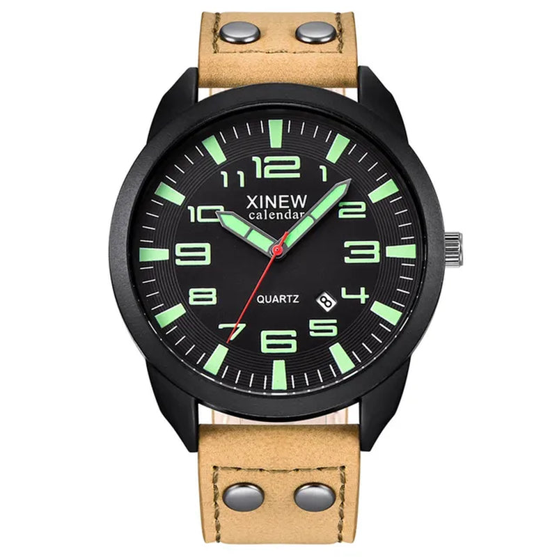 Arabic Numerals Calendar Luminous Dial Outdoor Men'S Casual Quartz Watch Leather Strap Simple Men'S Watch